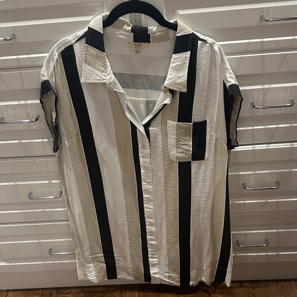 Kori Black & Cream Vertical Stripe Short Sleeve Dress